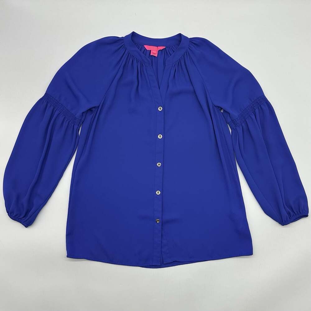 Lilly Pulitzer Anela Size XXS Royal Blue Chiffon Long Sleeve Button Up Blouse